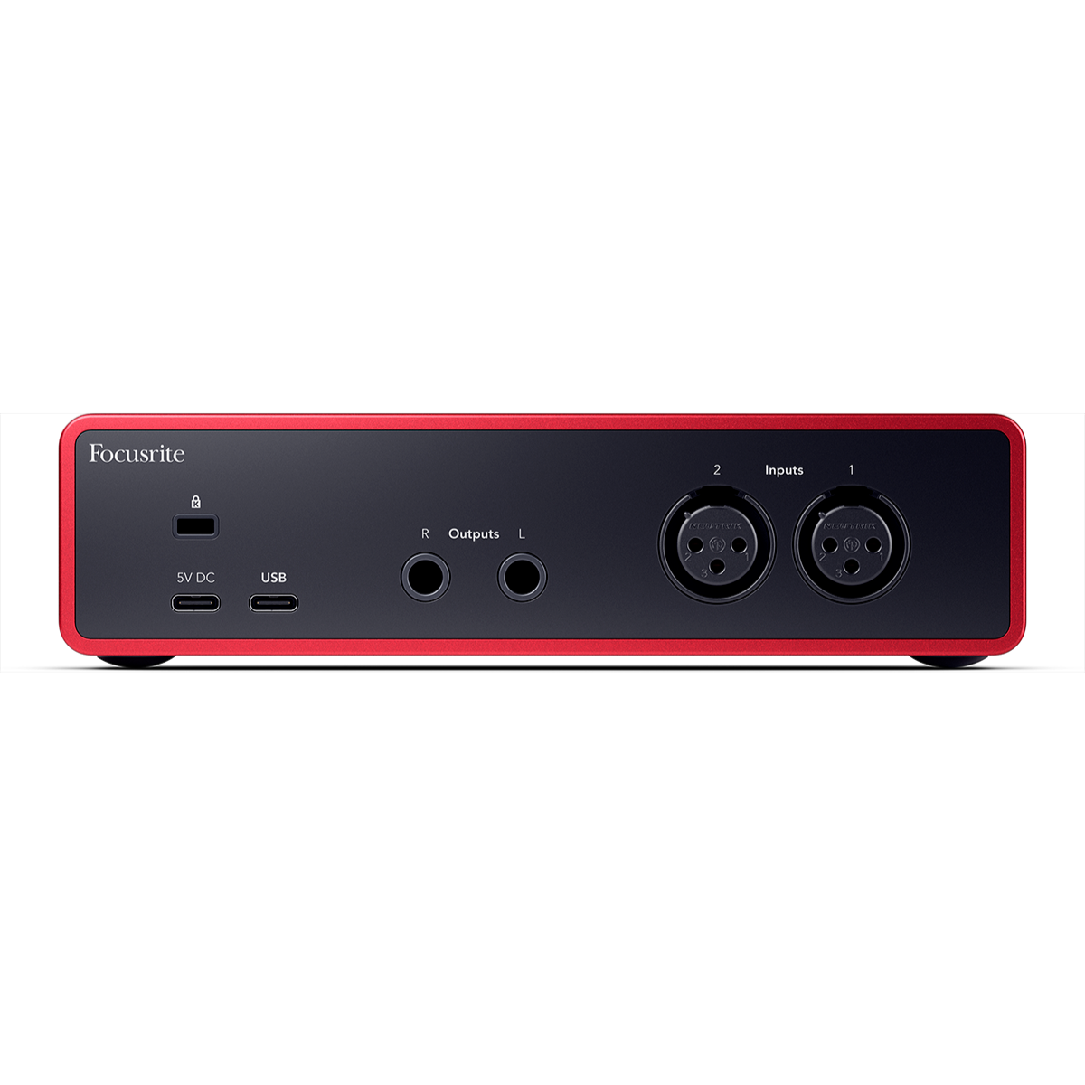 focusrite scarlett 2i2 4th gen usb audio interface back panel showing
inputs outputs usb and dc power