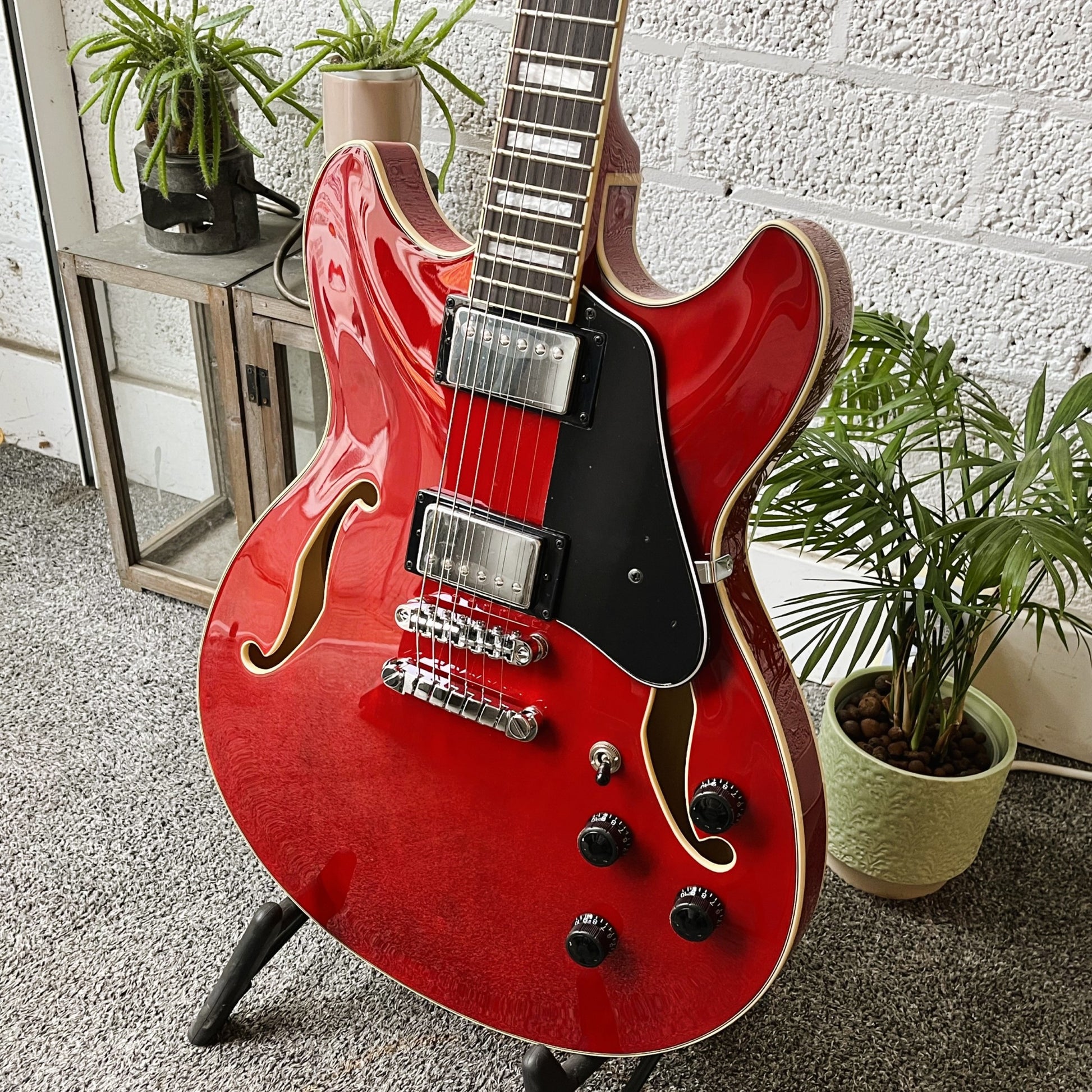 ibanez as73 transparent cherry red semi-hollow electric guitar side view