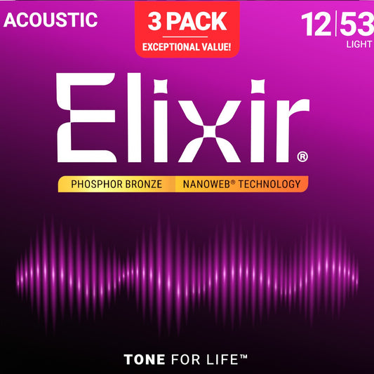 elixir nanoweb phosphor bronze acoustic guitar strings 12-53 3-pack