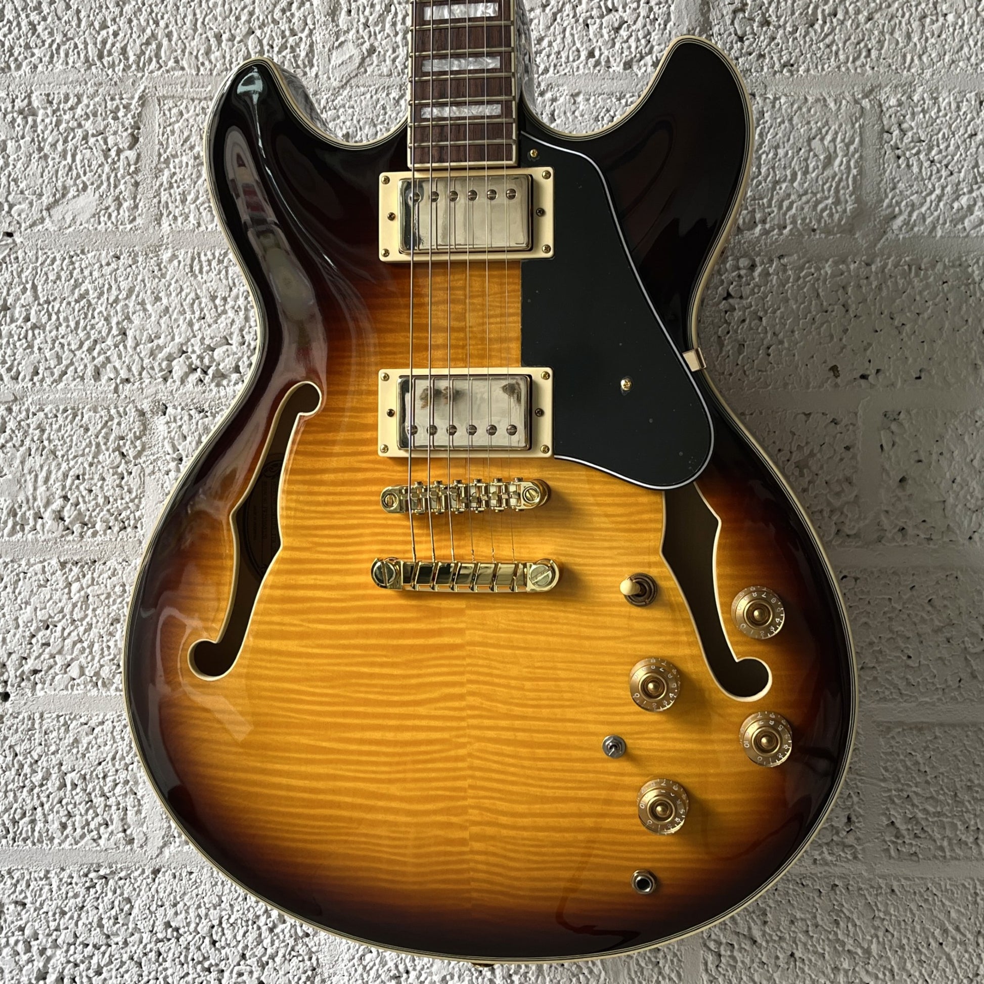 ibanez jsm10em john scofield two tone burst semi-hollow electric guitar body closeup