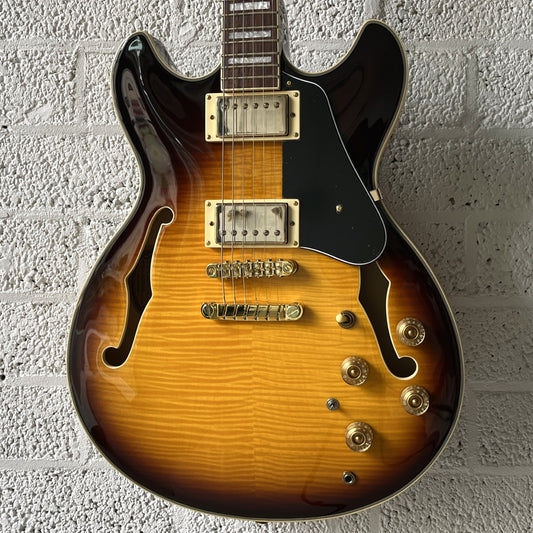 ibanez jsm10em john scofield two tone burst semi-hollow electric guitar body closeup