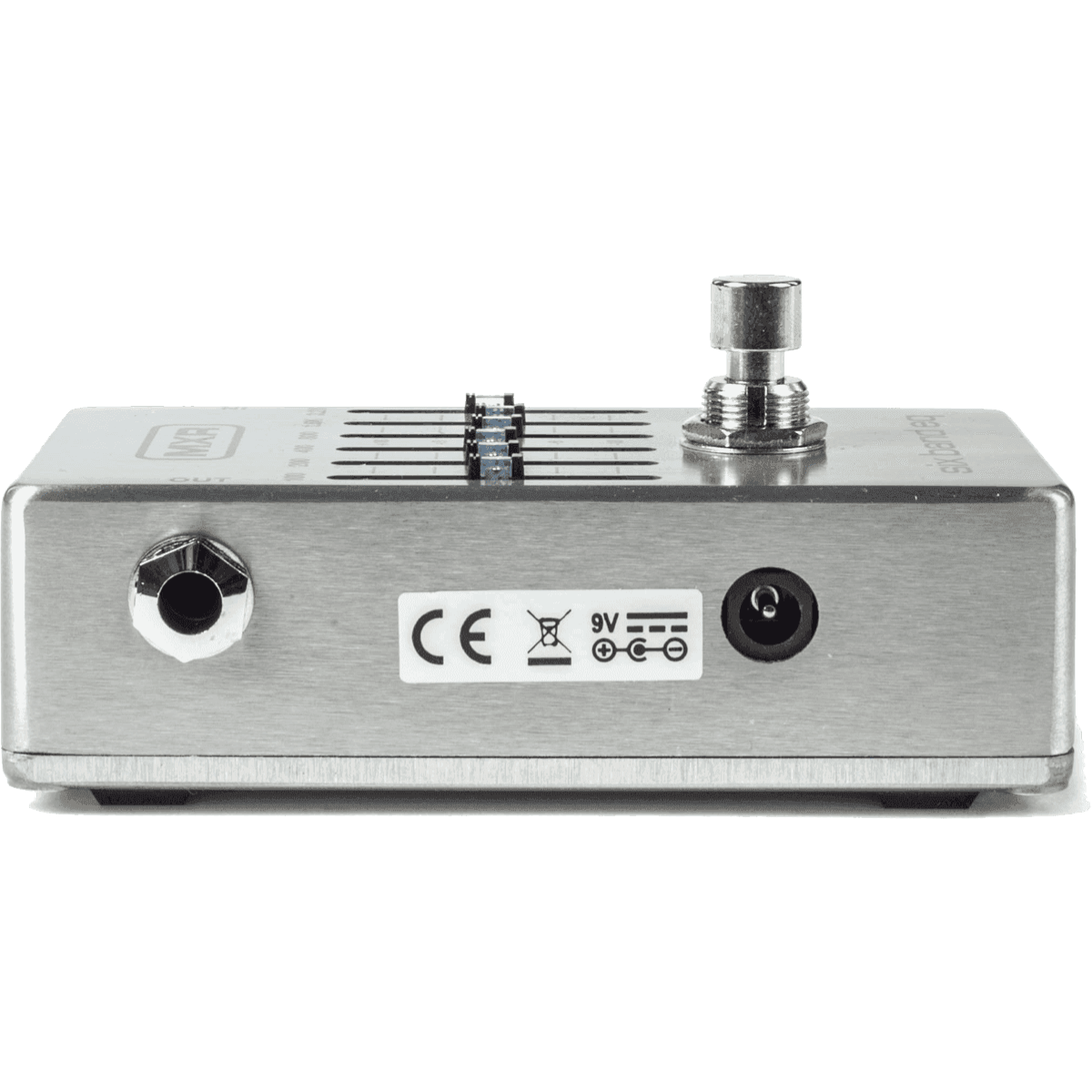 mxr m109s six band eq graphic equalizer pedal left side showing output jack and 9v power