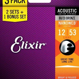 Elixir Nanoweb 16539 80/20 Bronze Acoustic Set 12-53 3-Pack