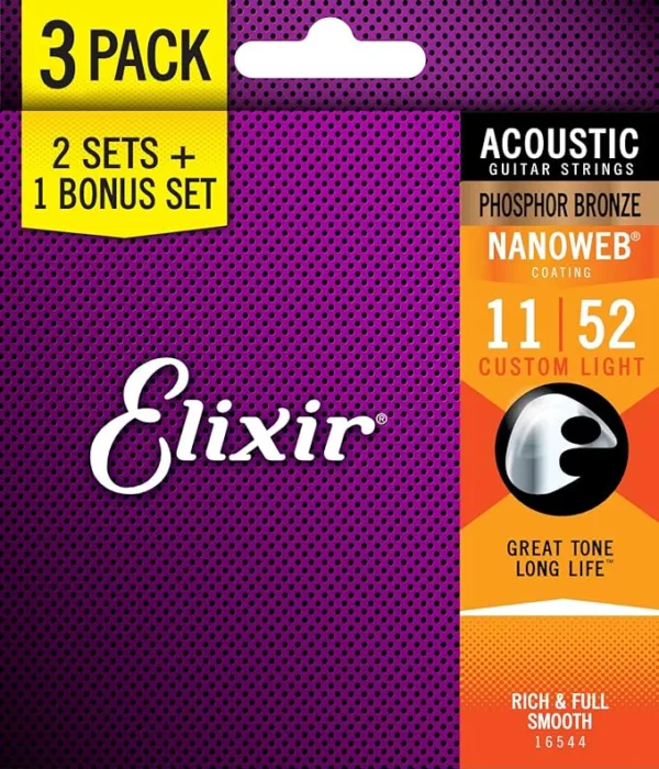 Elixir Nanoweb 16544 phosphor bronze string set acoustic 11-52 3-pack
