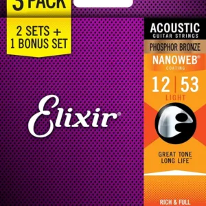 Elixir Nanoweb 16545 phosphor bronze string set acoustic 12-53 3-pack
