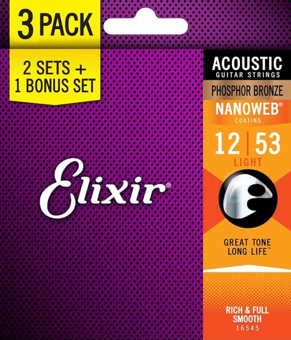 Elixir Nanoweb 16545 phosphor bronze string set acoustic 12-53 3-pack